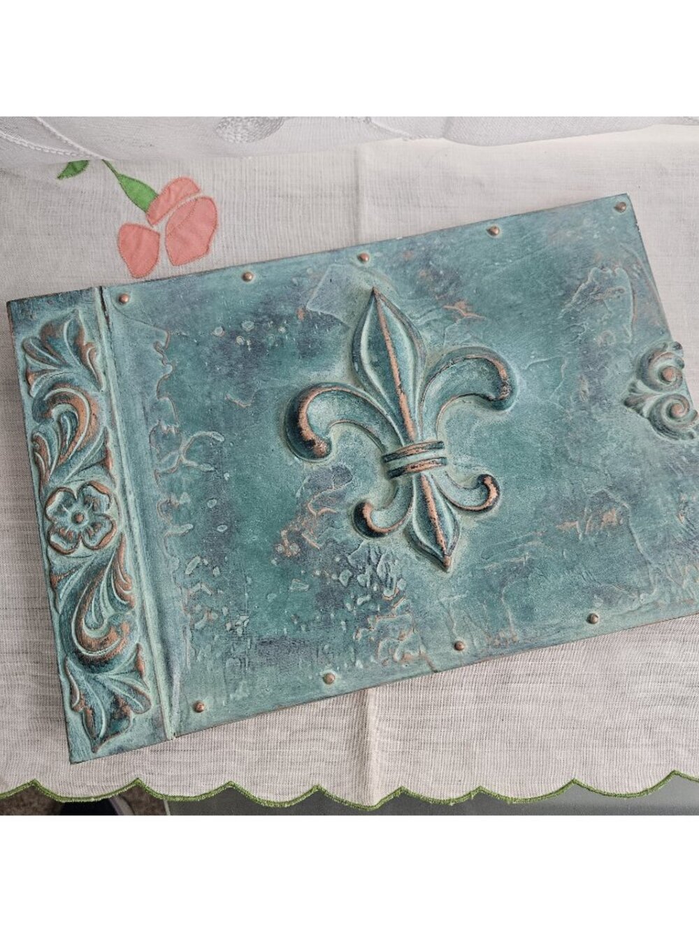 Vintage Scrapbook Teal Blue Fleur De Lis 3D Unused 16x8"